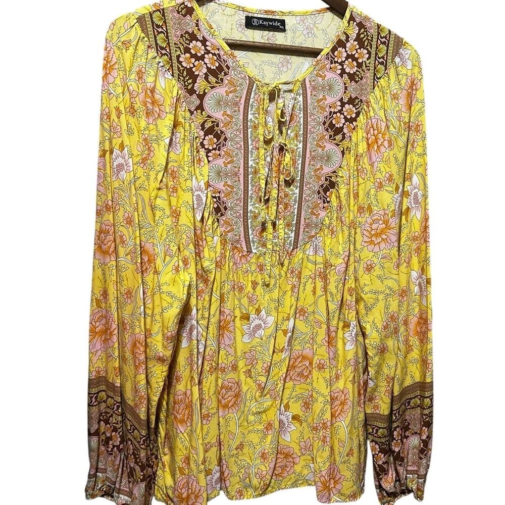 Kaywide Women Boho Floral Babydoll Tunic Top XXL Cottagecore Festival Hippie